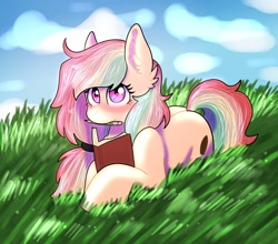 Size: 2500x2200 | Tagged: safe, artist:disphyxia, artist:yourpennypal, derpibooru import, oc, oc only, oc:doodle pen, earth pony, pony, blushing, book, ear fluff, ears, earth pony oc, female, grass, looking forward, lying down, mouth hold, pencil, prone, solo