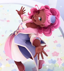 Size: 1829x2048 | Tagged: safe, artist:applesartt, derpibooru import, pinkie pie, human, barefoot, clothes, dark skin, feet, female, flower, hat, humanized, love live!, love live! superstar!!, one eye closed, solo, wink