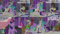 Size: 2000x1125 | Tagged: safe, derpibooru import, edit, edited screencap, editor:quoterific, screencap, care package, princess celestia, special delivery, spike, twilight sparkle, twilight sparkle (alicorn), alicorn, dragon, pegasus, pony, princess twilight sparkle (episode), book, confetti, crown, delivery, ethereal mane, ethereal tail, eyes closed, female, frown, holding, hoof shoes, jewelry, letter, magic, mailpony, male, mare, open mouth, open smile, peytral, pointing, regalia, smiling, stallion, tail, telekinesis