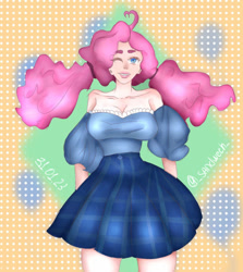 Size: 845x946 | Tagged: safe, artist:sandwech, derpibooru import, pinkie pie, human, alternate hairstyle, clothes, female, humanized, one eye closed, shirt, skirt, solo, wink