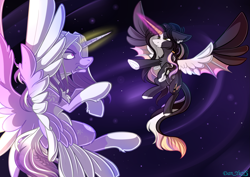 Size: 2269x1605 | Tagged: safe, artist:yuris, derpibooru import, oc, alicorn, pony, abstract background, alicorn oc, angry, ears back, female, fight, flying, frog (hoof), horn, magic, magic aura, simple background, spread wings, trade, underhoof, wings