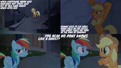 Size: 4400x2475 | Tagged: safe, derpibooru import, edit, edited screencap, editor:quoterific, screencap, applejack, rainbow dash, earth pony, pegasus, pony, castle mane-ia, castle sweet castle, abandoned, bipedal, castle of the royal pony sisters, duo, duo female, ears, female, floppy ears, flower, hat, implied granny smith, looking at each other, looking at someone, mare, ruins, scared, stairs, text