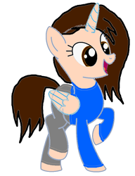 Size: 642x838 | Tagged: safe, artist:chloemay16, derpibooru import, oc, oc only, oc:chloe, alicorn, pony, alicorn oc, clothes, female, folded wings, horn, mare, open mouth, pants, raised hoof, raised leg, shirt, simple background, solo, white background, wings