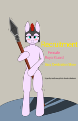 Size: 1800x2800 | Tagged: safe, derpibooru import, oc, oc:ilya, earth pony, pony, semi-anthro, bipedal, blushing, earth pony oc, helmet, royal guard, shivering, solo, spear, weapon