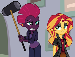 Size: 7600x5742 | Tagged: safe, artist:emeraldblast63, derpibooru import, sunset shimmer, tempest shadow, human, comic:the tale of two sunsets, equestria girls, absurd resolution, duo, duo female, equestria girls-ified, eyeshadow, female, frown, hammer, human sunset, makeup, story included, tempest shadow is not amused, unamused