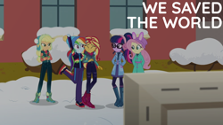 Size: 1920x1080 | Tagged: safe, derpibooru import, edit, edited screencap, editor:quoterific, screencap, applejack, fluttershy, rainbow dash, sci-twi, sunset shimmer, twilight sparkle, better together, equestria girls, holidays unwrapped, blizzard or bust