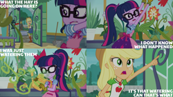 Size: 4400x2475 | Tagged: safe, derpibooru import, edit, edited screencap, editor:quoterific, screencap, applejack, sci-twi, twilight sparkle, better together, equestria girls, my little shop of horrors, greenhouse, shovel, watering can