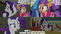 Size: 2000x1125 | Tagged: safe, derpibooru import, edit, edited screencap, editor:quoterific, screencap, mr. stripes, plaid stripes, rarity, earth pony, pony, unicorn, the saddle row review, big eyebrows, braces, clothes, confused, disgusted, duo focus, feather boa, jacket, raised hoof, raised hooves, raised leg, restaurant, teeth, text, unnamed character