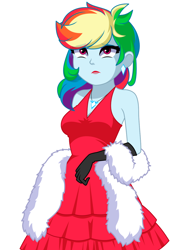 Size: 1034x1369 | Tagged: safe, artist:rosemile mulberry, derpibooru import, rainbow dash, human, equestria girls, alternate hairstyle, bare shoulders, breasts, cleavage, clothes, dress, ear piercing, earring, evening gloves, eyeshadow, feather boa, female, gloves, jewelry, lipstick, long gloves, makeup, necklace, piercing, rainbow dash always dresses in style, red dress, red lipstick, simple background, sleeveless, solo, tomboy taming, updated design, white background