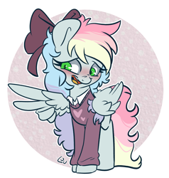 Size: 1828x1920 | Tagged: safe, artist:lou, derpibooru import, oc, oc only, oc:blazey sketch, pegasus, pony, blushing, bow, clothes, female, green eyes, grey fur, grin, hair bow, long hair, long tail, multicolored hair, nervous, nervous grin, pegasus oc, simple background, small wings, smiling, solo, sweater, tail, wings