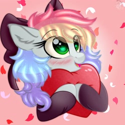 Size: 2048x2048 | Tagged: safe, artist:shoalstar, derpibooru import, oc, oc only, oc:blazey sketch, pony, blushing, bow, clothes, green eyes, grey fur, hair bow, hug, long mane, multicolored hair, pillow, pillow hug, simple background, smiling, solo, sweater