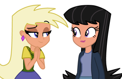 Size: 1888x1228 | Tagged: safe, artist:skyfallfrost, derpibooru import, human, equestria girls, chloe carmichael, clothes, design, digital art, duo, duo female, ear piercing, earring, eyelashes, female, humanized, jacket, jewelry, lipstick, multiverse, piercing, ship, shipping, simple background, the fairly oddparents, tootie, transparent background