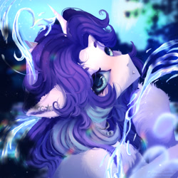 Size: 1280x1280 | Tagged: safe, artist:munamunaa, derpibooru import, oc, oc only, pony, unicorn, blue eyes, blue mane, blushing, bubble, crepuscular rays, cute, digital art, female, flowing mane, horn, looking at you, magic, mare, ocean, open mouth, solo, sunlight, swimming, underwater, unicorn oc, unshorn fetlocks, water