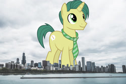 Size: 2048x1365 | Tagged: safe, artist:starryshineviolet, derpibooru import, edit, editor:jaredking779, dandy dispatch, pony, unicorn, background pony, chicago, giant pony, giant unicorn, highrise ponies, illinois, irl, macro, male, mega giant, necktie, photo, ponies in real life, smiling, solo, stallion, story included