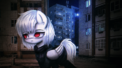 Size: 1280x720 | Tagged: safe, artist:menalia, derpibooru import, oc, oc only, oc:rimo, pegasus, pony, albino, clothes, female, folded wings, irl, jacket, lighting, looking at something, looking away, mare, night, outdoors, pants, photo, ponies in real life, red eyes, scarf, solo, street, uptown, walking, window, wings