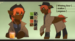 Size: 2700x1500 | Tagged: safe, artist:sinrinf, derpibooru import, oc, oc:whiskey sour, pegasus, pony, fallout equestria, alcohol, clothes, coat, commission, cowboy hat, hat, pipbuck, reference sheet, solo, whiskey, ych result