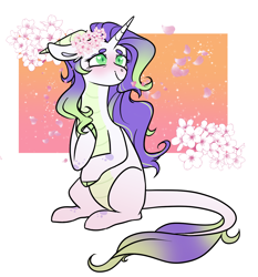 Size: 1272x1364 | Tagged: safe, artist:void-sommar, derpibooru import, oc, oc only, dracony, hybrid, pony, blushing, cute, female, flower, flower in hair, heart, heart eyes, interspecies offspring, offspring, parent:rarity, parent:spike, parents:sparity, passepartout, smiling, solo, wingding eyes