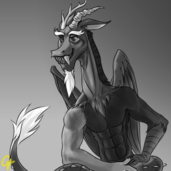 Size: 3000x3000 | Tagged: safe, artist:ctamina, derpibooru import, discord, draconequus, abs, eyebrows, folded wings, gigachad, gradient background, grin, high res, limited palette, male, meme, mismatched wings, muscles, signature, sitting, smiling, solo, wings