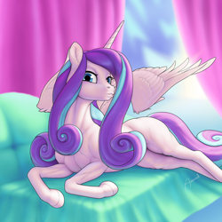 Size: 1500x1500 | Tagged: safe, artist:arareroll, derpibooru import, princess flurry heart, alicorn, pony, blank flank, female, hooves, looking at you, lying down, mare, muscles, older, older flurry heart, partially open wings, prone, signature, sofa, solo, wings