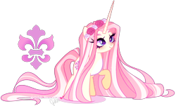 Size: 2422x1467 | Tagged: safe, artist:gihhbloonde, derpibooru import, oc, pony, unicorn, female, magical lesbian spawn, mare, offspring, parent:fleur-de-lis, parent:fluttershy, simple background, solo, transparent background