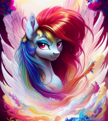 Size: 1024x1152 | Tagged: safe, derpibooru import, editor:siber, generator:purplesmart.ai, generator:stable diffusion, machine learning generated, rainbow dash, pegasus, pony, abstract background, bust, female, looking at you, mare, portrait, solo