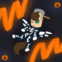 Size: 1000x1000 | Tagged: safe, artist:imlpidimon, derpibooru import, oc, oc only, pegasus, pony, clothes, costume, dark background, digital art, halloween, holiday, jack-o-lantern, pumpkin, signature, skeleton costume, solo