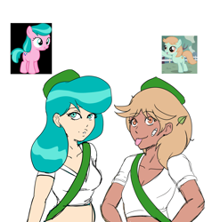 Size: 1521x1600 | Tagged: safe, artist:annon, derpibooru import, aquamarine, peach fuzz, human, badge sash, cap, hat, humanized, scout, scout uniform, simple background, smiling, tongue, tongue out, white background