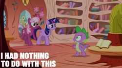 Size: 1920x1080 | Tagged: safe, derpibooru import, edit, edited screencap, editor:quoterific, screencap, cheerilee, spike, twilight sparkle, unicorn twilight, dragon, earth pony, pony, unicorn, the show stoppers, female, golden oaks library, male, mare