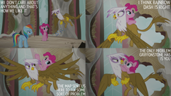 Size: 2000x1125 | Tagged: safe, derpibooru import, edit, edited screencap, editor:quoterific, screencap, gilda, pinkie pie, rainbow dash, earth pony, griffon, pegasus, pony, the lost treasure of griffonstone, female, flying, mare, trio, trio female