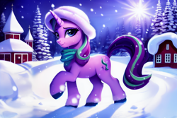 Size: 2304x1536 | Tagged: safe, derpibooru import, editor:siber, generator:purplesmart.ai, generator:stable diffusion, machine learning generated, starlight glimmer, pony, unicorn, clothes, cute, female, glimmerbetes, hat, house, looking at you, mare, pine tree, raised hoof, raised leg, scarf, scenery, smiling, smiling at you, snow, snowfall, solo, sun, tree, walking, winter