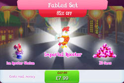 Size: 1270x857 | Tagged: safe, derpibooru import, bird, rooster, bundle, clothes, costs real money, english, folded wings, gameloft, gem, ice sculpture, lunar new year, mobile game, my little pony: magic princess, numbers, official, sale, solo, solo focus, text, wings