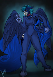 Size: 820x1180 | Tagged: safe, artist:stirren, derpibooru import, princess luna, oc, oc:azulito, alicorn, anthro, unguligrade anthro, clothes, collar, commission, cosplay, costume, disembodied head, fursuit, luna suit, peace sign, ponysuit, pose, spiked collar, spread wings, wings, ych result, your character here