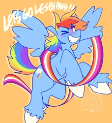 Size: 862x945 | Tagged: safe, artist:makanioverlord, derpibooru import, rainbow dash, pony, female, grin, lesbian, lesbian pride flag, mouthpiece, one eye closed, pride, pride flag, smiling, solo, wink