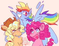 Size: 860x686 | Tagged: safe, artist:makanioverlord, derpibooru import, applejack, pinkie pie, rainbow dash, earth pony, pegasus, pony, chest fluff, female, grin, open mouth, smiling, trio