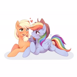 Size: 2048x2048 | Tagged: safe, artist:applesartt, derpibooru import, applejack, rainbow dash, earth pony, pegasus, pony, accessory swap, appledash, applejack's hat, blushing, clothes, cowboy hat, duo, female, folded wings, freckles, hat, heart, high res, lesbian, mare, shipping, signature, simple background, white background, wings