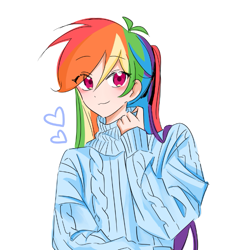 Size: 665x700 | Tagged: safe, artist:rainbom__1122, derpibooru import, rainbow dash, human, equestria girls, :3, clothes, cute, dashabetes, eye clipping through hair, floating heart, heart, looking at you, simple background, smiling, solo, sweater, turtleneck, white background