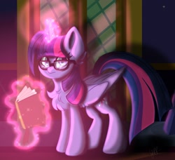 Size: 1804x1644 | Tagged: safe, artist:yourpennypal, derpibooru import, twilight sparkle, twilight sparkle (alicorn), alicorn, pony, book, chest fluff, female, folded wings, glasses, glowing, glowing horn, horn, levitation, magic, magic aura, mare, solo, telekinesis, twilight's castle, wings