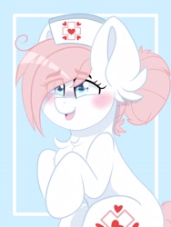 Size: 1200x1600 | Tagged: safe, artist:yourpennypal, derpibooru import, nurse redheart, earth pony, pony, blushing, chest fluff, cute, ear fluff, ears, female, heartabetes, light blue background, mare, open mouth, open smile, simple background, smiling, solo