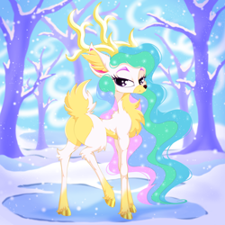 Size: 2500x2500 | Tagged: safe, artist:rurihal, derpibooru import, part of a set, princess celestia, deer, reindeer, antlers, butt, chest fluff, deerlestia, doe, ear fluff, ears, female, ice, lidded eyes, looking at you, looking back, looking back at you, plot, raised leg, rear view, reindeerified, scenery, snow, snowfall, solo, species swap, sunbutt, tree, winter