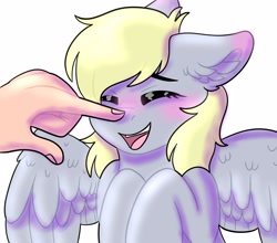 Size: 2500x2200 | Tagged: safe, artist:yourpennypal, derpibooru import, derpy hooves, human, pegasus, pony, boop, cute, derpabetes, eyes closed, female, hand, laughing, open mouth, open smile, simple background, smiling, white background