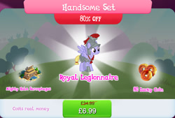 Size: 1268x857 | Tagged: safe, derpibooru import, iron eagle, pegasus, pony, armor, bundle, bush, costs real money, english, female, gameloft, helmet, mare, mobile game, my little pony: magic princess, numbers, official, royal legion, sale, sarcophagus, shovel, solo, solo focus, spread wings, statue, text, wings