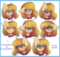 Size: 2100x2000 | Tagged: safe, artist:miryelis, derpibooru import, pony, angry, big ears, blushing, bow, commission, crying, ears, emoji, expressions, glasses, long hair, piercing, shy, simple background, smiling, solo, sparkles, text, white background
