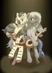 Size: 3508x4961 | Tagged: safe, artist:nergo, derpibooru import, pegasus, pony, fallout equestria, black, black sclera, chair, demina, duo, female, golden eyes, guitar, mare, music, musical instrument, singing, spotlight, stage