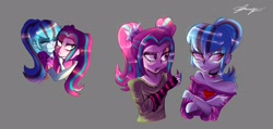 Size: 2048x978 | Tagged: safe, artist:faawndue, derpibooru import, aria blaze, sonata dusk, equestria girls, duo, female, gray background, hug, simple background