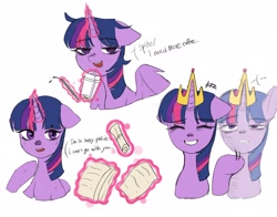 Size: 2048x1607 | Tagged: safe, artist:shagin_, derpibooru import, twilight sparkle, twilight sparkle (alicorn), alicorn, pony, coffee, crown, cup, drinking straw, ears, female, floppy ears, glowing, glowing horn, horn, jewelry, mare, paper, regalia, scroll, simple background, solo, tired, white background