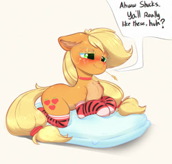 Size: 1000x952 | Tagged: safe, artist:inkypuso, derpibooru import, applejack, earth pony, pony, blushing, chest fluff, choker, clothes, cute, female, freckles, jackabetes, lying down, mare, pillow, prone, simple background, socks, solo, stockings, straw in mouth, striped socks, thigh highs, white background