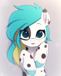 Size: 2000x2500 | Tagged: safe, artist:luminousdazzle, derpibooru import, oc, oc only, earth pony, pony, appaloosa, coat markings, cute, female, hooves to the chest, long mane, looking at you, lying down, mare, on back, smiling, smiling at you, solo, spots, unnamed oc, unshorn fetlocks