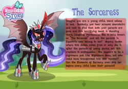 Size: 1280x893 | Tagged: safe, artist:aleximusprime, derpibooru import, cozy glow, oc, oc only, oc:the sorceress, alicorn, pony, flurry heart's story, alicorn oc, armor, bat wings, bio, crown, evil, fangs, female, horn, jewelry, mare, nightmare cozy glow, nightmarified, oc villain, open mouth, red eyes, red horn, regalia, smiling, solo, spread wings, story included, wings