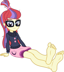 Size: 5000x5613 | Tagged: safe, artist:n0kkun, derpibooru import, moondancer, equestria girls, clothes, commission, feet, female, fetish, foot fetish, foot focus, glasses, looking at you, png, show accurate, simple background, sitting, soles, solo, sweater, toes, transparent background, vector, watch