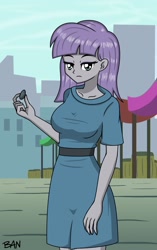 Size: 1353x2160 | Tagged: safe, artist:banquo0, derpibooru import, boulder (pet), maud pie, human, equestria girls, the gift of the maud pie, breasts, clothes, dress, female, looking at you, manehattan, maud pies, rock, solo